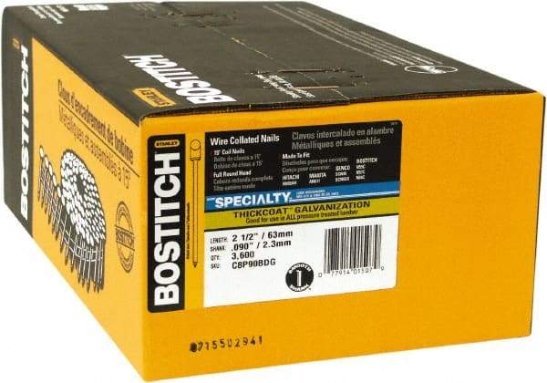 Stanley Bostitch - 13 Gauge 2-1/2" Long Siding Nails for Power Nailers - Steel, Galvanized Finish, Smooth Shank, Coil Wire Collation, Round Head, Blunt Diamond Point - USA Tool & Supply