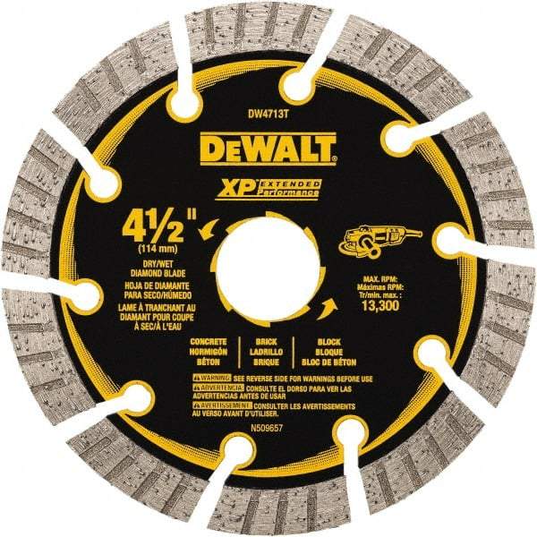 DeWALT - 4-1/2" Diam, 5/8" Arbor Hole Diam, 10 Tooth Wet & Dry Cut Saw Blade - Diamond Matrix, Fast Cutting Action, Standard Round Arbor - USA Tool & Supply