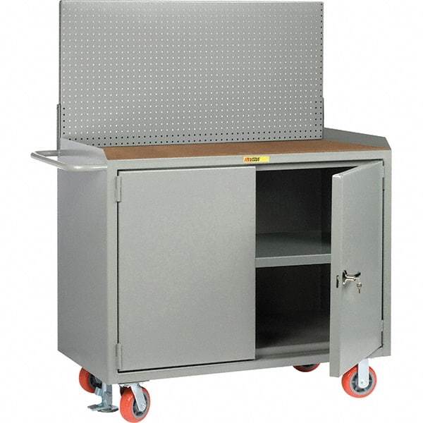 Little Giant - 3,600 Lb Capacity, 3 Shelf, 2 Door Mobile Bench Cabinet with Pegboard Panel - 53" Wide x 24" Deep x 43" High, Steel, Gray - USA Tool & Supply