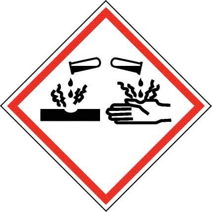 NMC - Hazardous Materials Label, Header: Corrosive Warning - Legend: GHS - Graphic, English, Black & Red, 2" Long x 2" High, No Coating - USA Tool & Supply