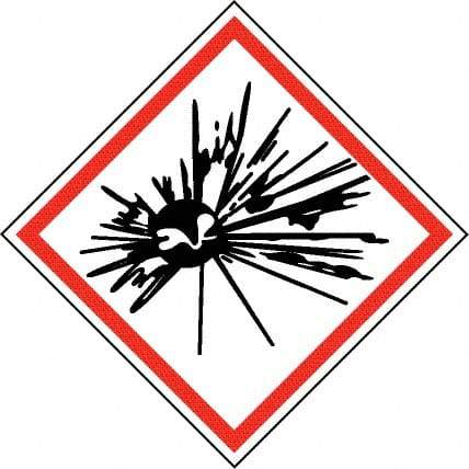 NMC - Hazardous Materials Label, Header: Explosive Warning - Legend: GHS - Graphic, English, Black & Red, 2" Long x 2" High, No Coating - USA Tool & Supply