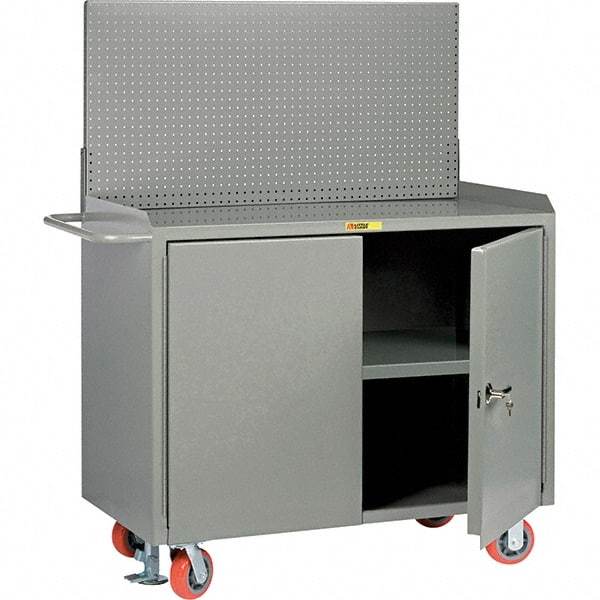 Little Giant - 3,600 Lb Capacity, 3 Shelf, 2 Door Mobile Bench Cabinet with Pegboard Panel - 53" Wide x 24" Deep x 43" High, Steel, Gray - USA Tool & Supply