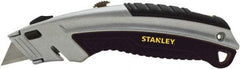 Stanley - Retractable Utility Knife - 2-7/16" Blade, Silver & Black Cast Metal Handle, 3 Blades Included - USA Tool & Supply