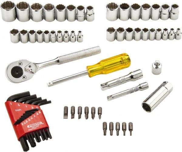 Proto - 65 Piece 1/4 & 3/8" Drive Standard Socket Set - 6 & 12 Points, 1/4 to 5/8", 4 to 17mm, Inch/Metric Measurement Standard - USA Tool & Supply