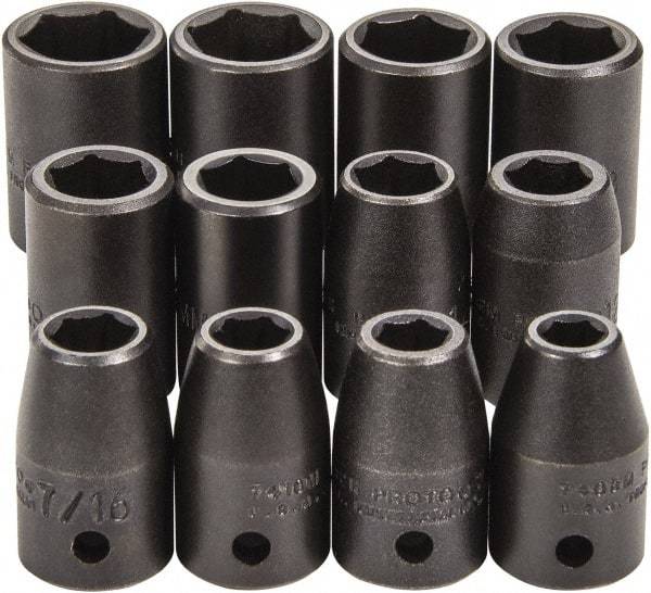 Proto - 12 Piece 1/2" Drive Full Polish Finish Impact Socket Set - 6 Points, 3/4" to 3/4" (8mm to 19mm) Range, Inch/Metric Measurement Standard - USA Tool & Supply