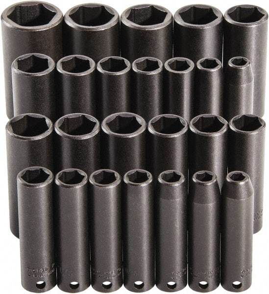 Proto - 25 Piece 3/8" Drive Deep Impact Socket Set - 6 Points, 15/16 to 1", 7 to 19mm, Inch/Metric Measurement Standard - USA Tool & Supply