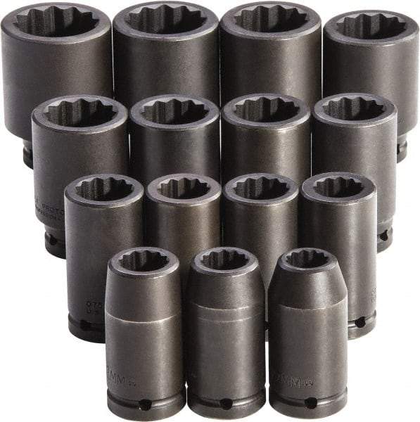 Proto - 15 Piece 3/4" Drive Full Polish Finish Deep Well Impact Socket Set - 12 Points, 19mm to 43mm Range, Metric Measurement Standard - USA Tool & Supply