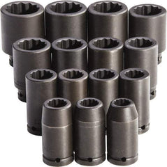 Proto - 15 Piece 3/4" Drive Full Polish Finish Deep Well Impact Socket Set - 12 Points, 19mm to 43mm Range, Metric Measurement Standard - USA Tool & Supply
