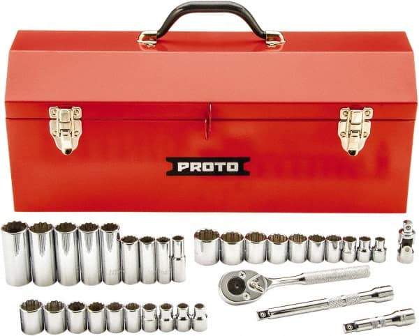 Proto - 34 Piece 3/8" Drive Chrome Finish Deep Well Socket Set - 12 Points, 5/16" (8mm to 19mm) Range, Inch/Metric Measurement Standard - USA Tool & Supply