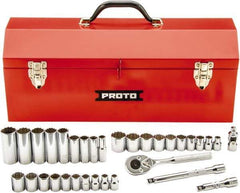 Proto - 34 Piece 3/8" Drive Chrome Finish Deep Well Socket Set - 12 Points, 5/16" (8mm to 19mm) Range, Inch/Metric Measurement Standard - USA Tool & Supply