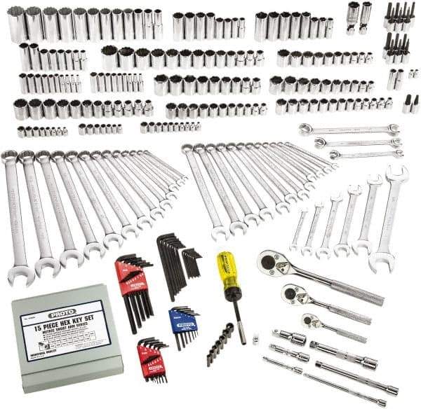 Proto - 302 Piece 1/4", 3/8" & 1/2" Drive Full Polish Finish Deep Well Socket Set - 6, 12 Points, 1/4" to 1-1/4" (4mm to 24mm) Range, Inch/Metric Measurement Standard - USA Tool & Supply