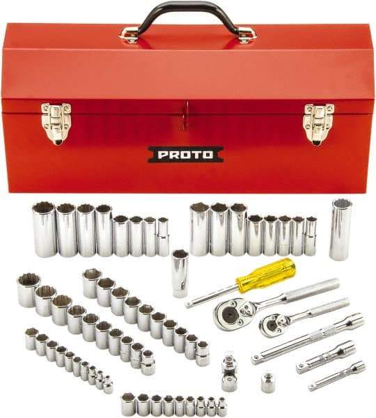 Proto - 65 Piece 1/4" & 3/8" Drive Full Polish Finish Deep Well Socket Set - 6, 12 Points, 1/4" to 7/8" (4mm to 19mm) Range, Inch/Metric Measurement Standard - USA Tool & Supply