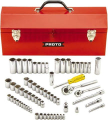 Proto - 65 Piece 1/4" & 3/8" Drive Full Polish Finish Deep Well Socket Set - 6, 12 Points, 1/4" to 7/8" (4mm to 19mm) Range, Inch/Metric Measurement Standard - USA Tool & Supply