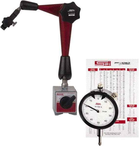 SPI - 0.001" Graduation, 1" Max Meas, 0-100 Dial Reading, Dial Indicator & Base Kit - 2-5/16" Base Length x 2-3/8" Base Width x 2 & 2-5/32" Base Height - USA Tool & Supply