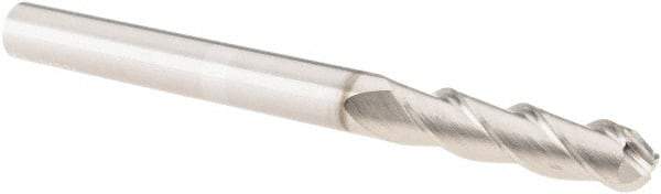 SGS - 1/4" Diam, 1" LOC, 3 Flute Solid Carbide Ball End Mill - TiB2 Finish, Single End, 3" OAL, 1/4" Shank Diam, Spiral Flute - USA Tool & Supply