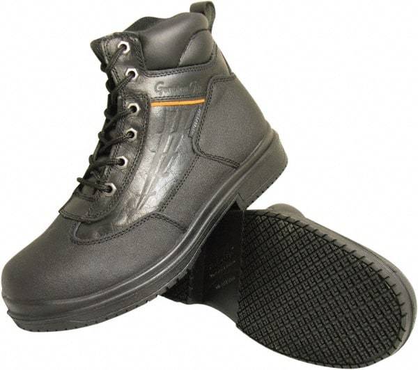 Genuine Grip - Unisex Size 5.5 Wide Width Steel Work Boot - Black, Leather Upper, Rubber Outsole, 6" High, Dielectric, Non-Slip, Waterproof - USA Tool & Supply