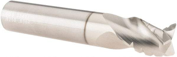 SGS - 5/8" Diam, Coarse Pitch, 3/4" LOC, 3 Flute Solid Carbide 0.03" Corner Radius Roughing End Mill - TiB2 Finish, 3-1/2" OAL, 5/8" Shank Diam, Single End, Centercutting, 38° Helix - USA Tool & Supply