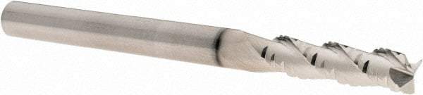 SGS - 1/4" Diam, Coarse Pitch, 1" LOC, 3 Flute Solid Carbide 0.02" Corner Radius Roughing End Mill - TiB2 Finish, 3" OAL, 1/4" Shank Diam, Single End, Centercutting, 38° Helix - USA Tool & Supply