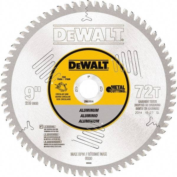 DeWALT - 9" Diam, 1" Arbor Hole Diam, 72 Tooth Wet & Dry Cut Saw Blade - Steel, Crosscutting Action, Standard Round Arbor - USA Tool & Supply