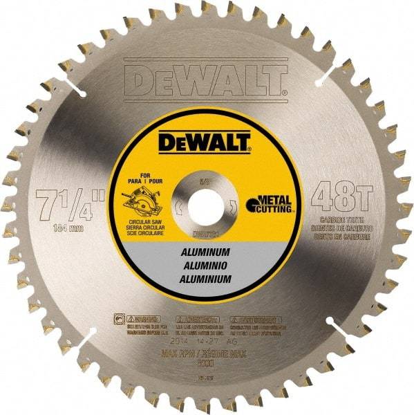 DeWALT - 7-1/4" Diam, 5/8" Arbor Hole Diam, 48 Tooth Wet & Dry Cut Saw Blade - Steel, Crosscutting Action, Standard Round Arbor - USA Tool & Supply