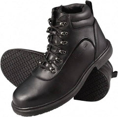 Genuine Grip - Unisex Size 6.5 Medium Width Steel Work Boot - Black, Leather Upper, Rubber Outsole, 6" High, Dielectric, Non-Slip - USA Tool & Supply
