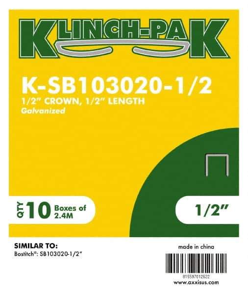 Klinch-Pak - 1/2" Long x 1/2" Wide, 0 Gauge Narrow Crown Construction Staple - Steel, Galvanized Finish, Chisel Point - USA Tool & Supply