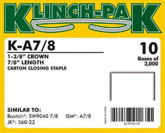 Klinch-Pak - 7/8" Long x 1-3/8" Wide, 0 Gauge Wide Crown Construction Staple - Steel, Copper Finish, Chisel Point - USA Tool & Supply