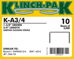 Klinch-Pak - 3/4" Long x 1-3/8" Wide, 0 Gauge Wide Crown Construction Staple - Steel, Copper Finish, Chisel Point - USA Tool & Supply