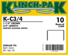 Klinch-Pak - 3/4" Long x 1-1/4" Wide, 0 Gauge Wide Crown Construction Staple - Steel, Copper Finish, Chisel Point - USA Tool & Supply