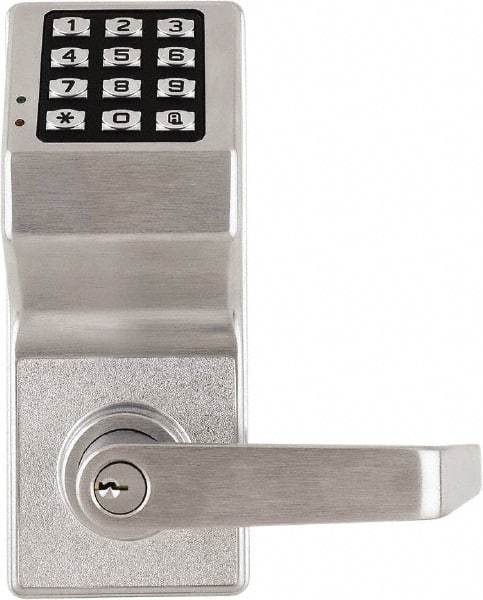 Alarm Lock - Combination Entry Lever Lockset with Key Override - 2-3/4" Back Set, Steel, Brushed Chrome Finish - USA Tool & Supply