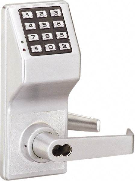 Alarm Lock - Combination Entry Lever Lockset with Key Override - 2-3/4" Back Set, Steel, Brushed Chrome Finish - USA Tool & Supply