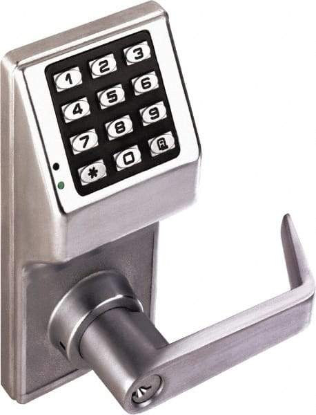 Alarm Lock - Combination Entry Lever Lockset with Key Override - 2-3/4" Back Set, Steel, Brushed Chrome Finish - USA Tool & Supply