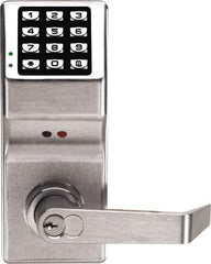 Alarm Lock - Combination Entry Lever Lockset with Key Override - 2-3/4" Back Set, 6 or 7 Pin Length Best & Compatible Cylinder (Core Not Included), Steel, Brushed Chrome Finish - USA Tool & Supply