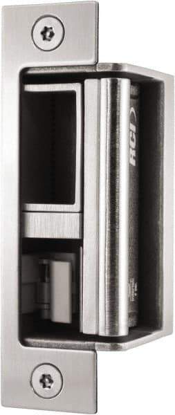 Rutherford - 4.88" Long x 1-1/4" Wide, Satin Stainless Steel Finish, Electric Door Strike - Field Selectable 12 or 24 VDC & 12-24 VAC, Corded Power, Zinc Alloy - USA Tool & Supply