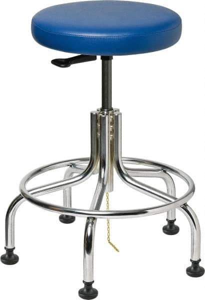 Bevco - 22" Wide x 22" Deep x 19 to 24" High, Steel Base, Versa ESD Backless Adjustable Height Swivel Stool with Chrome Steel Base - Vinyl Seat, Blue, Footring, Mushroom Glides - USA Tool & Supply