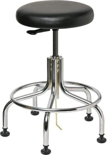 Bevco - 22" Wide x 22" Deep x 19 to 24" High, Steel Base, Versa ESD Backless Adjustable Height Swivel Stool with Chrome Steel Base - Vinyl Seat, Black, Footring, Mushroom Glides - USA Tool & Supply