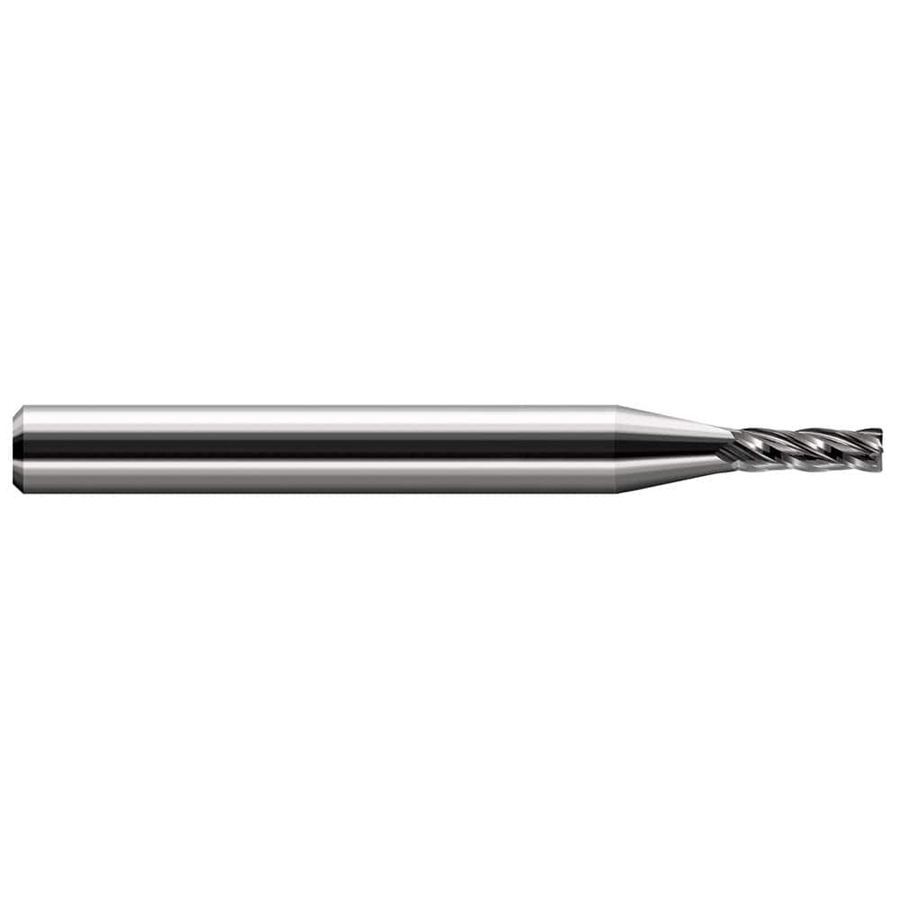 Corner Radius End Mill: 0.02″ Dia, 0.06″ LOC, 0.003″ Radius, 4 Flutes, Solid Carbide 1-1/2″ OAL, 1/8″ Shank Dia, 30 ° Helix, Bright/Uncoated, Corner Radius End