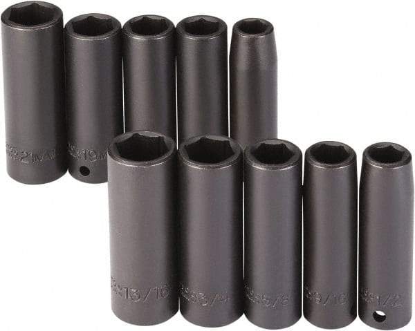 Proto - 10 Piece 1/2" Drive Black Finish Deep Well Impact Socket Set - 6 Points, 1/2" to 13/16" (13mm to 21mm) Range, Inch/Metric Measurement Standard - USA Tool & Supply