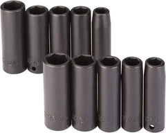 Proto - 10 Piece 1/2" Drive Black Finish Deep Well Impact Socket Set - 6 Points, 1/2" to 13/16" (13mm to 21mm) Range, Inch/Metric Measurement Standard - USA Tool & Supply
