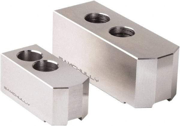 Samchully - 800mm Max Chuck Capacity, 3mm x 60° Serrated Interface, Square Soft Lathe Chuck Jaw - 3 Jaw, Steel, 38mm Btw Mount Hole Ctrs, 160mm Long, 75mm Wide, 75mm High, 25.5mm Groove, M20mm Fastener - USA Tool & Supply