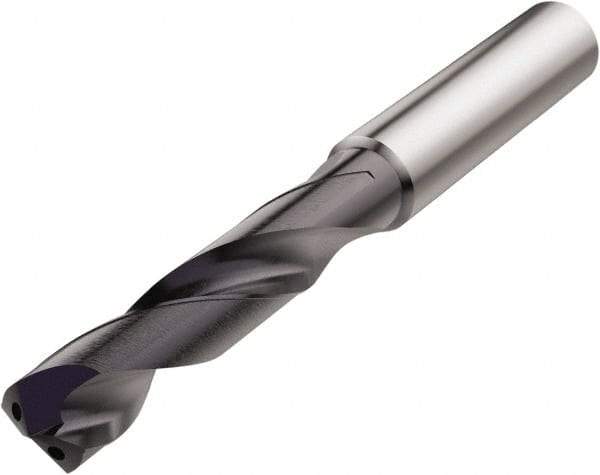 Seco - 8mm 140° Spiral Flute Solid Carbide Screw Machine Drill Bit - TiAlN Finish, Right Hand Cut, 41mm Flute Length, 79mm OAL, Conical Point, Straight Shank, Through Coolant - USA Tool & Supply