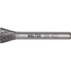 WALTER Surface Technologies - 1/4" Cut Diam, 1/4" Shank Diam, Inverted Cone Head Double Cut Burr - Tungsten Carbide, 3/4" LOC, 4-3/4" OAL - USA Tool & Supply