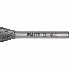 WALTER Surface Technologies - 1/4" Cut Diam, 1/4" Shank Diam, Inverted Cone Head Double Cut Burr - Tungsten Carbide, 1/2" LOC, 4-1/2" OAL - USA Tool & Supply