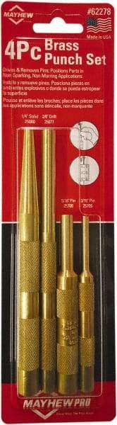 Mayhew - 4 Piece, 3/16 to 3/8", Assorted Brass Punch Kit - Round Shank, Brass, Comes in Carded - USA Tool & Supply