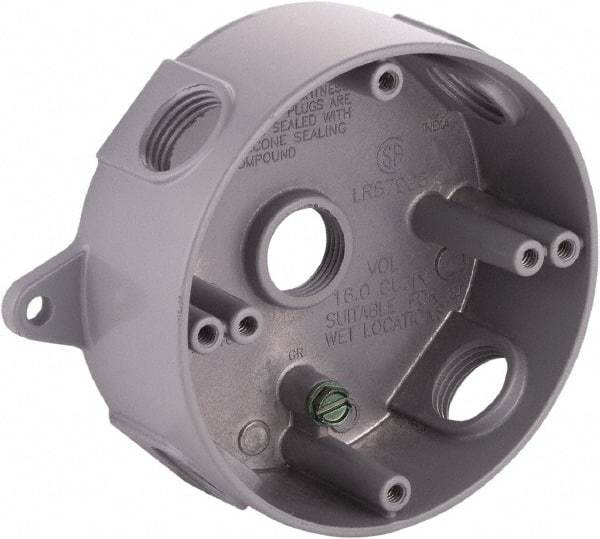 Hubbell-Raco - 0 Gang, (5) 1/2" Knockouts, Aluminum Round Device Box - 5-1/4" Overall Height x 1-5/8" Overall Depth, Weather Resistant - USA Tool & Supply