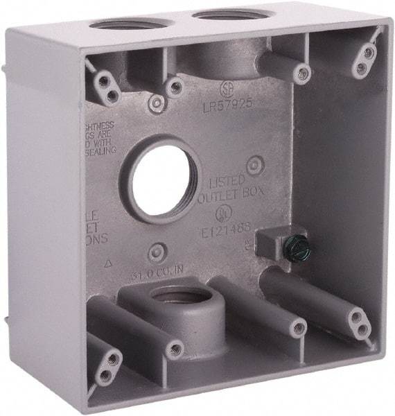 Hubbell-Raco - 2 Gang, (4) 3/4" Knockouts, Aluminum Square Device Box - 4-1/2" Overall Height x 2-1/4" Overall Depth, Weather Resistant - USA Tool & Supply