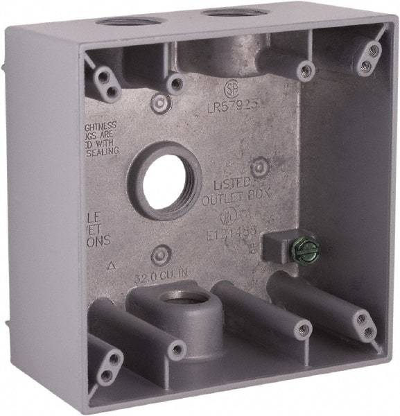 Hubbell-Raco - 2 Gang, (4) 1/2" Knockouts, Aluminum Square Device Box - 4-1/2" Overall Height x 2-1/4" Overall Depth, Weather Resistant - USA Tool & Supply