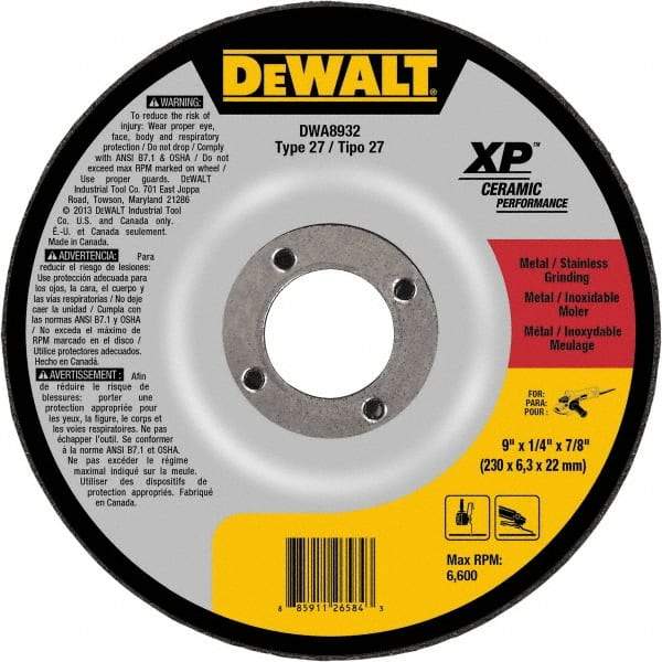 DeWALT - 24 Grit, 9" Wheel Diam, 7/8" Arbor Hole, Type 27 Depressed Center Wheel - Coarse/Medium Grade, Ceramic, N Hardness, 6,600 Max RPM - USA Tool & Supply