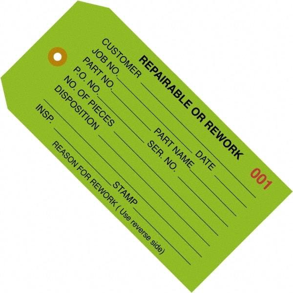 Made in USA - 4-3/4" High x 2-3/8" Long, REPAIRABLE OR REWORK, English Safety & Facility Inspection Tag - Green Cardstock - USA Tool & Supply