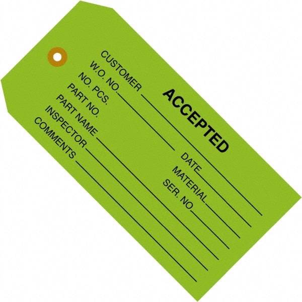 Made in USA - 4-3/4" High x 2-3/8" Long, ACCEPTED, English Safety & Facility Inspection Tag - Green Cardstock - USA Tool & Supply